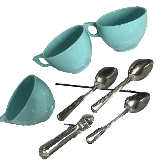 Vintage Camping Cooking Set Blue Melmac Melamine Cups Spoons Can Opener - Picture 1 of 8